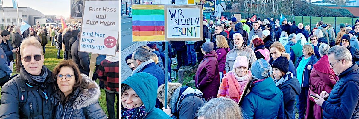 Links ein Foto von mir und meiner Frau mit dem Schild "Euer Hass und Eure Hetze sind hier unerwünscht", rechts ein Foto einer Gruppe Demonstrierender