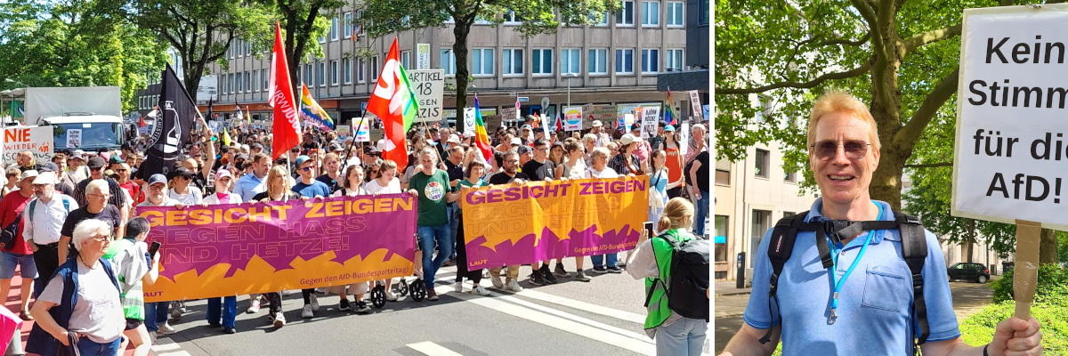 Links die Spitze des Demonstrationszuges kurz vor Beginn, rechts stehe ich mit meinem Schild.