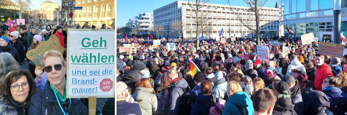 Links meine Frau und ich mit einem Schild "Geh wählen und sei die Brandmauer!", rechts eine Momentaufnahme der Versammlung vor Beginn des Demonstrationszuges