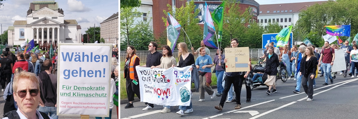 Links bin ich mit meinem Schild abgebildet (im Hintergrund das Theater), rechts die Spitze des Demonstrationszuges