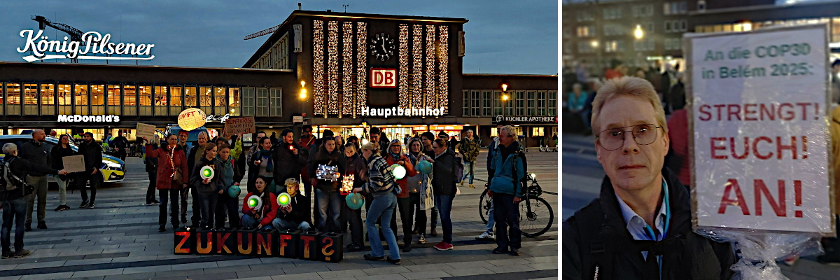 Links ein Gruppenbild von Fridays for Future vor dem weihnachtlich geschmückten Duisburger Hauptbahnhof, rechts bin ich mit meinem Schild abgebildet ("An die COP30 in Belém 2025: Strengt Euch an!")