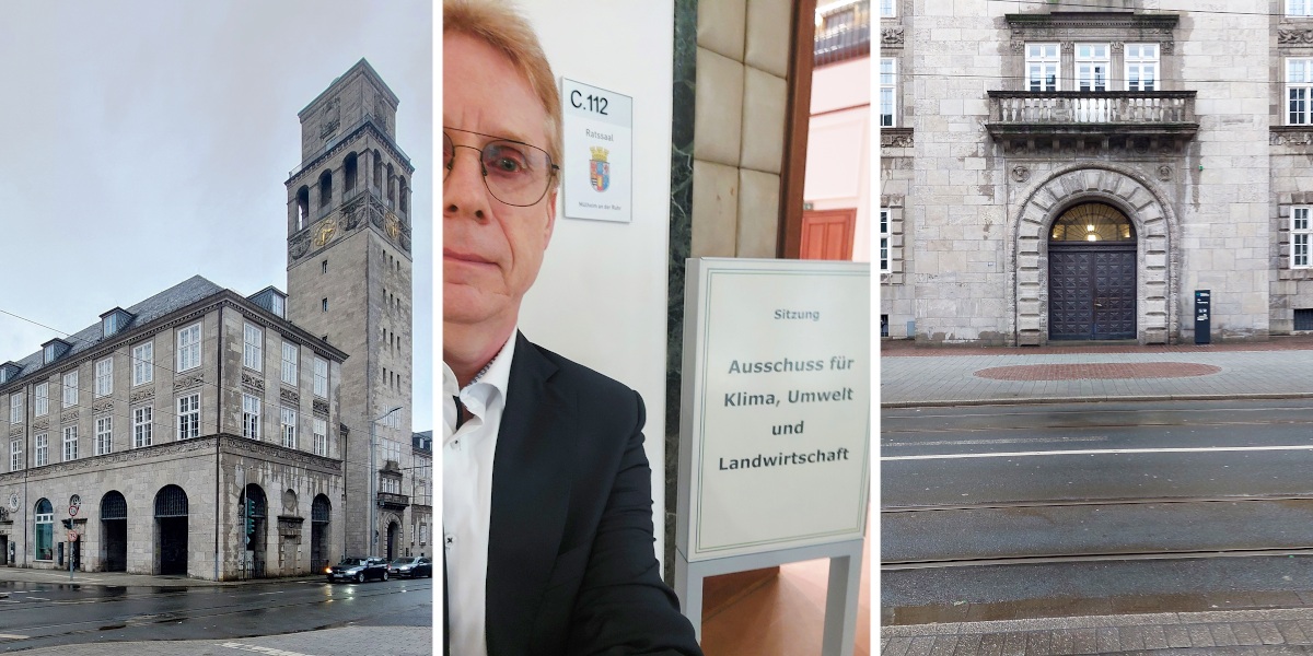 Drei Fotos: links der Mülheimer Rathausturm, rechts ein Eingangsportal des Rathauses, in der Mitte ich vor dem Schild des Klimaausschusses